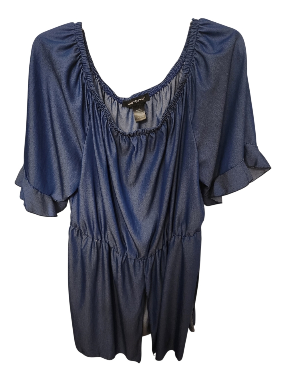 Chambray Dress With Ruffle Sleeves Side Slits And Front Slit